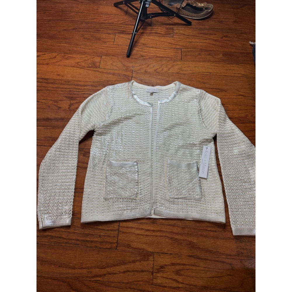 Koko + Mason Metallic Silver Cream Open Front Knit Cardigan Sweater Women Medium